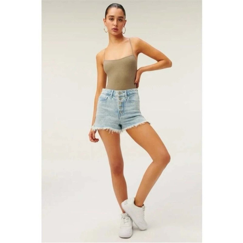 Good American Bombshell High Waisted Button Fly Cut Off Denim Shorts Size 4